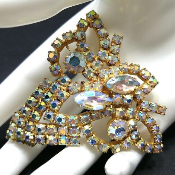 Vintage Large Aurora Borealis Clear Rhinestone Leaves Brooch, Gold Plated, 1960s - Picture 1 of 10